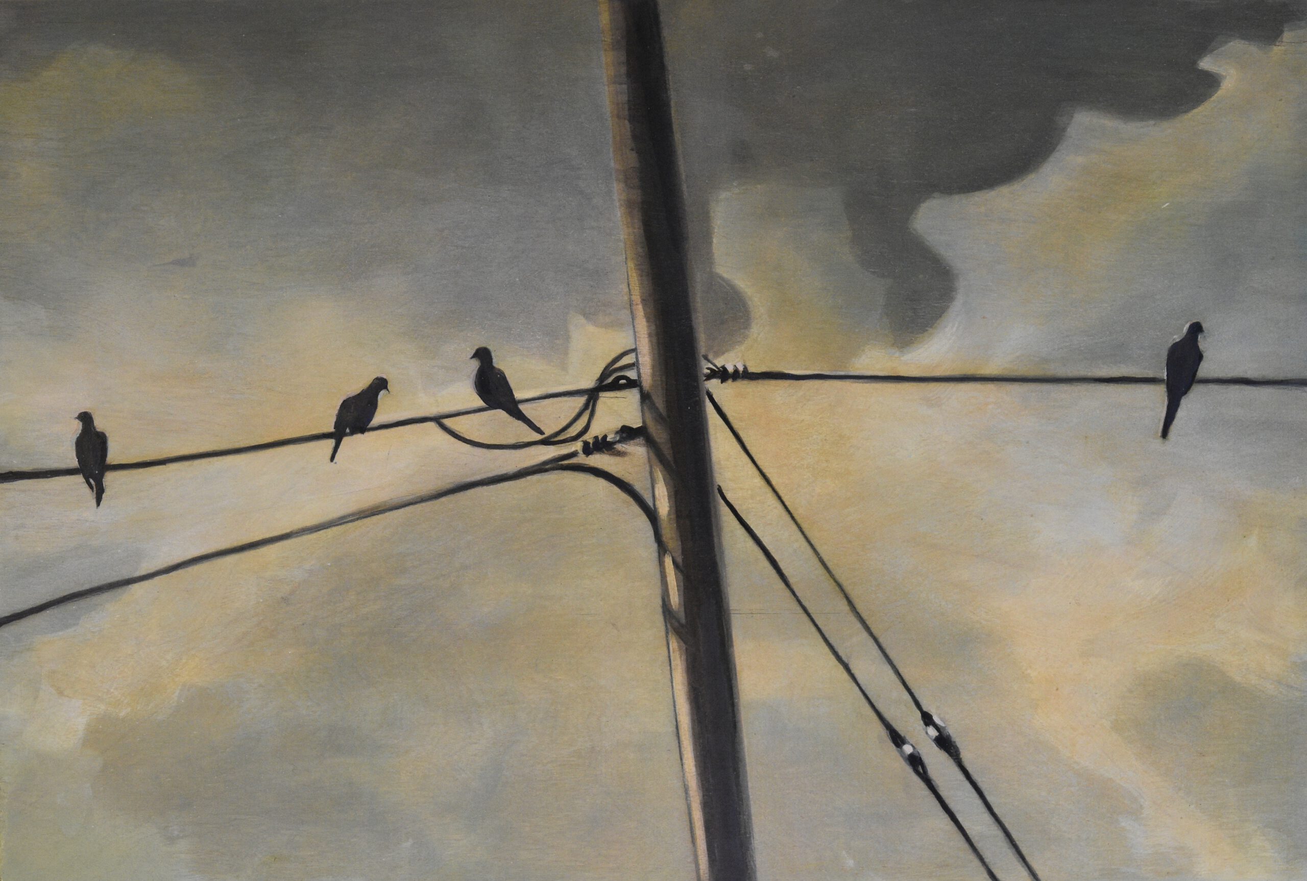 Painting by Rosanna Marmont — Birds on the Wire, 2019, oil on maple