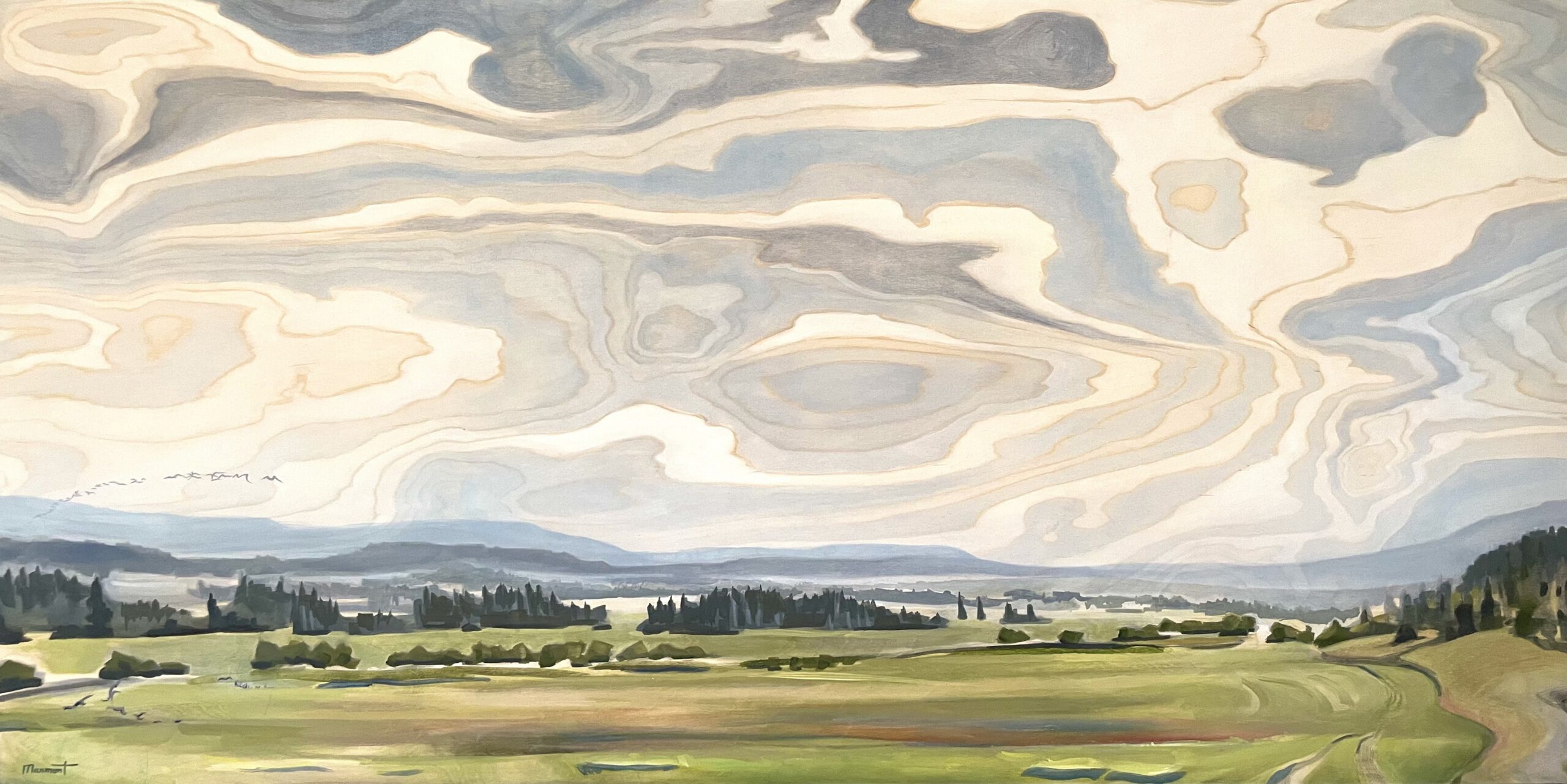 Painting by Rosanna Marmont — Farmland, 2024, oil on birch