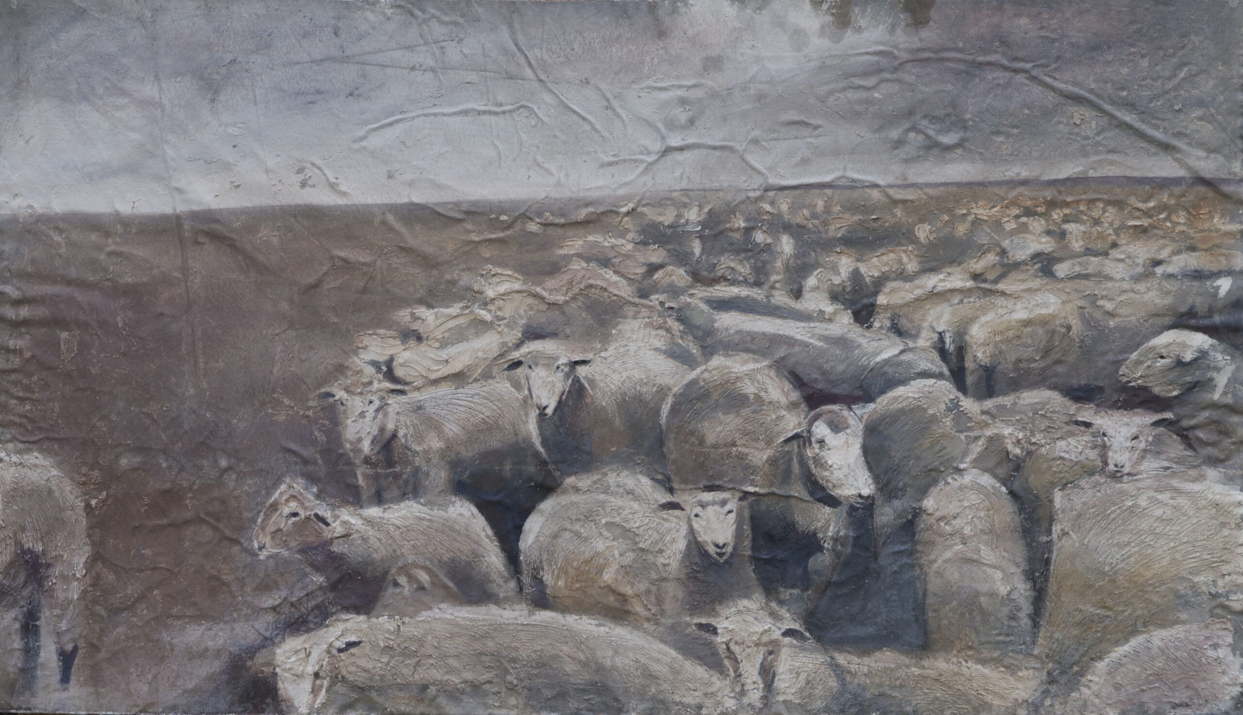 Painting by Rosanna Marmont — Flock of Sheep, 2009, acrylic, plaster, and oil on canvas