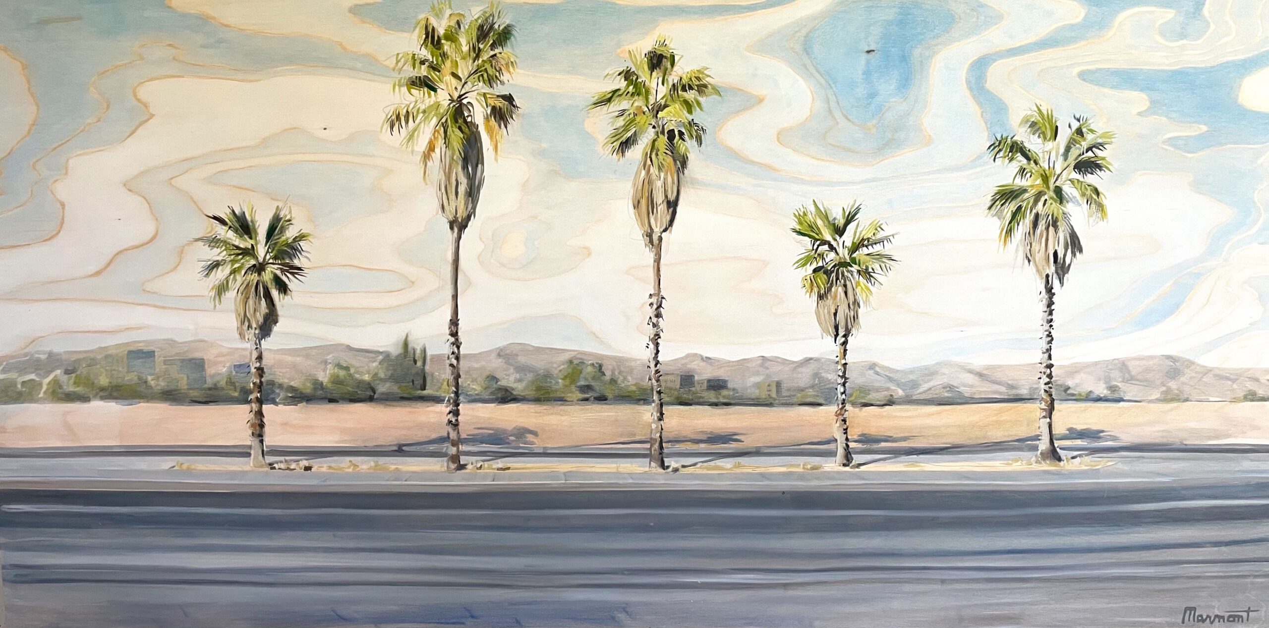 Painting by Rosanna Marmont — Grant Road Palms, 2022, oil on birch