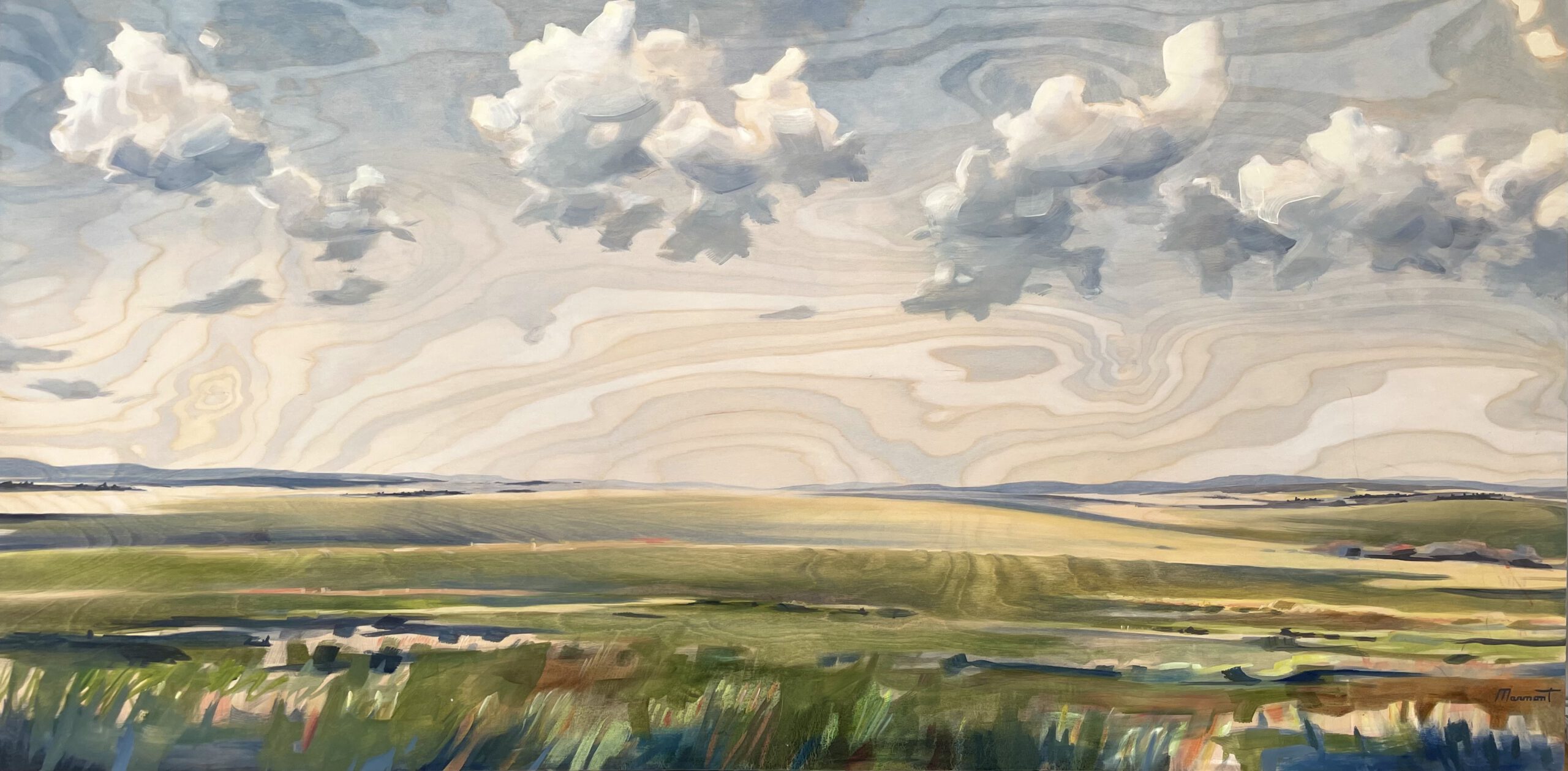 Painting by Rosanna Marmont — Green Hills, 2024, oil on birch