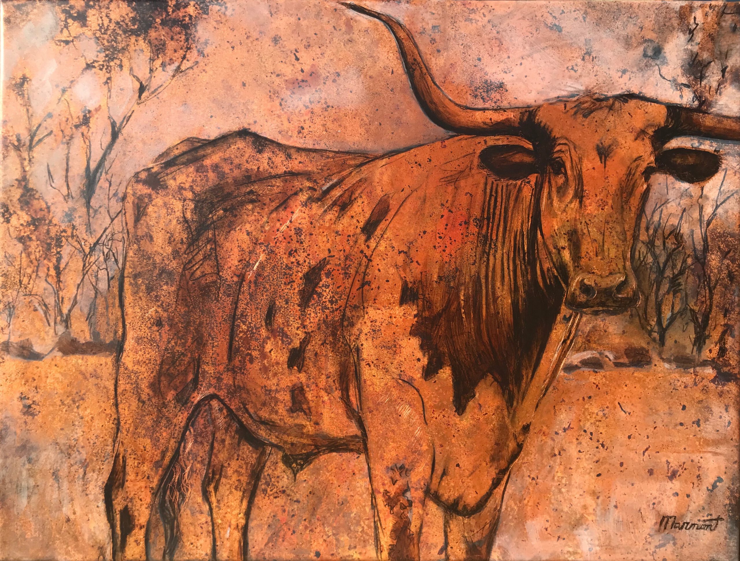 Painting by Rosanna Marmont — Longhorn Steer, 2018, oil on fired copper