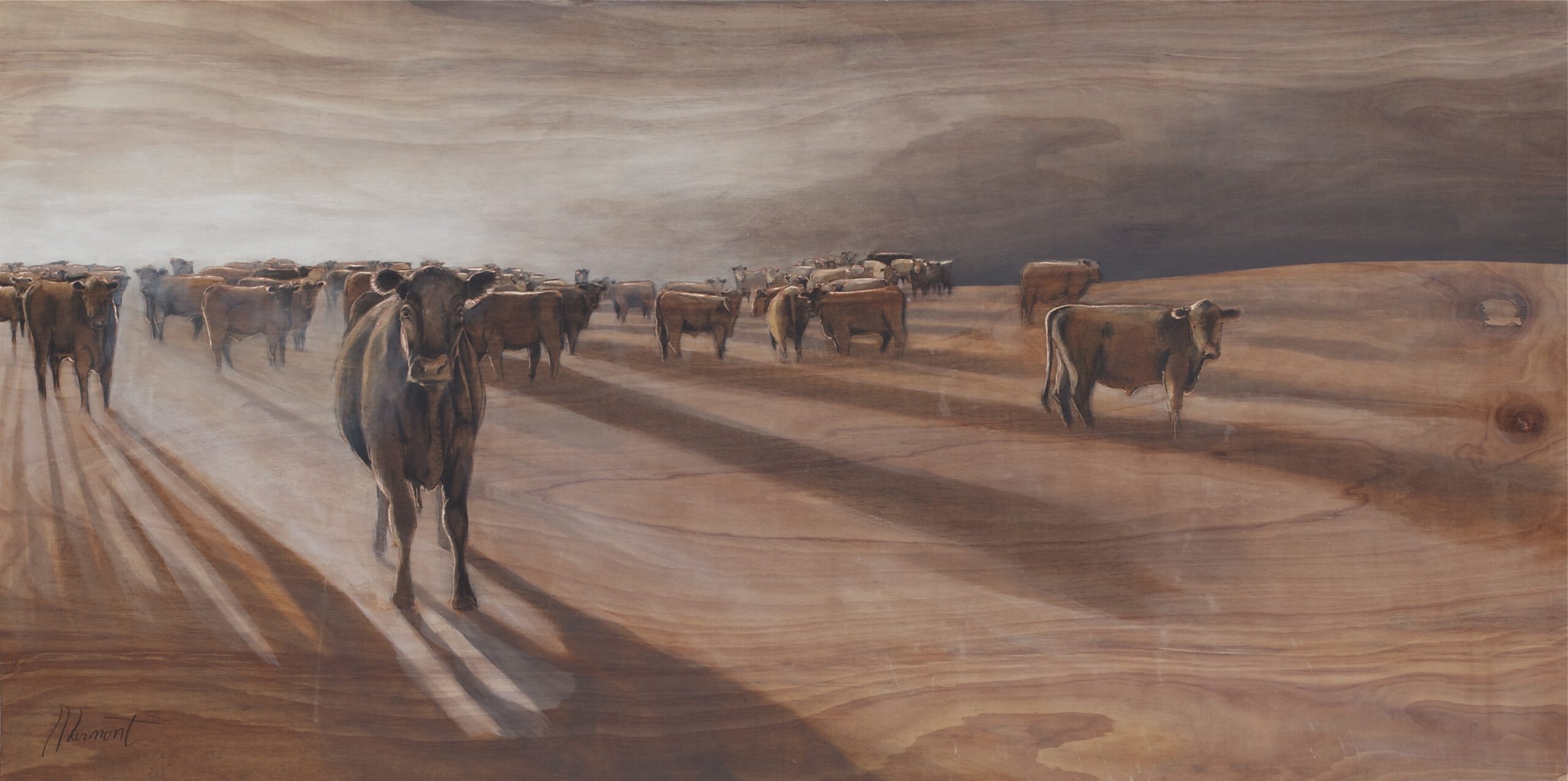 Painting by Rosanna Marmont — Morning Feed, 2010, oil and wood stain on meranti