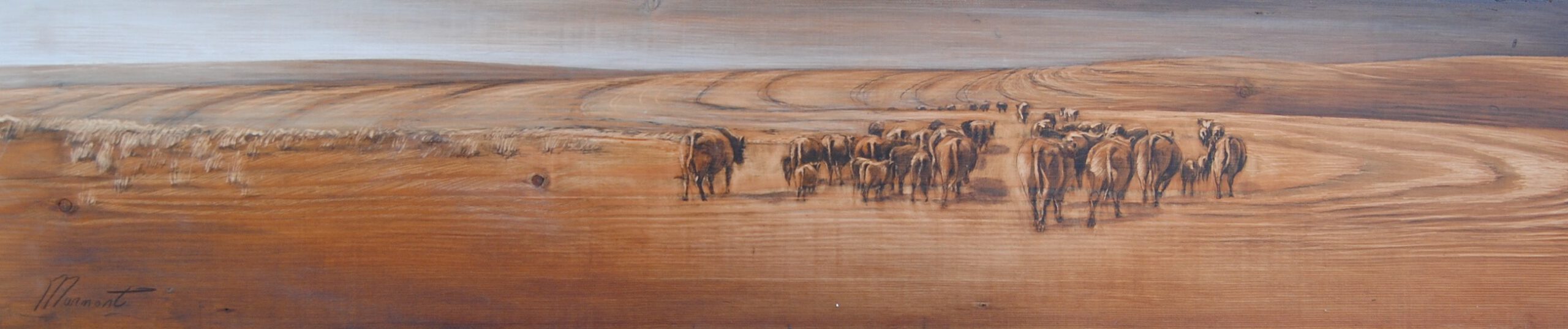 Painting by Rosanna Marmont — Moving Cows, 2011, oil and pencil on fir