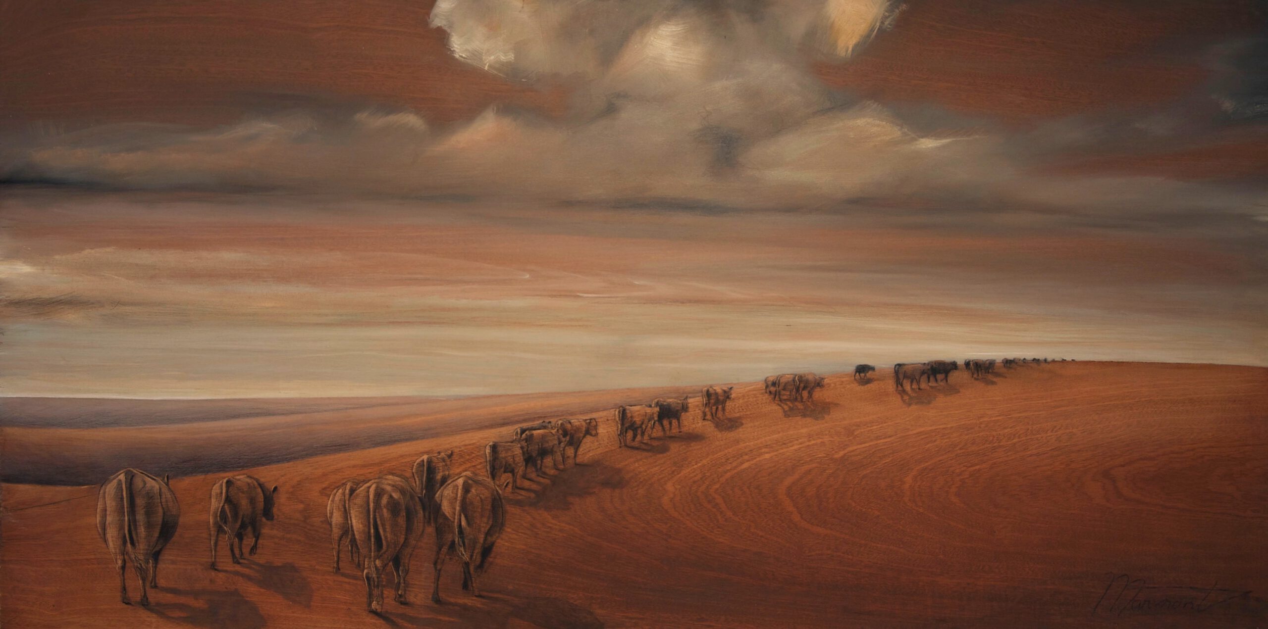 Painting by Rosanna Marmont — Spring Drive, 2012, oil, wood stain, and pencil on pecan