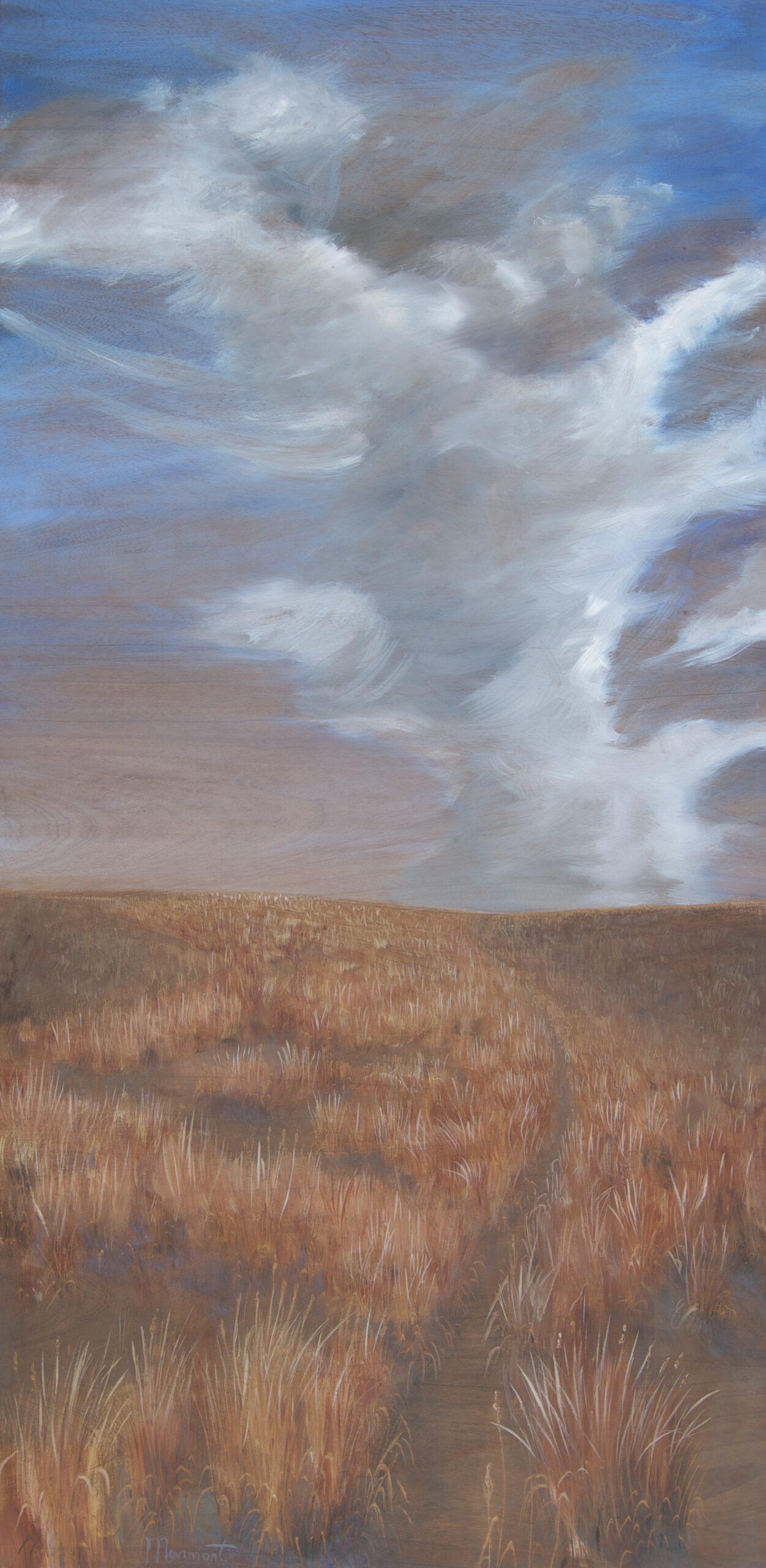 Painting by Rosanna Marmont — The Hill, 2013, oil and wood stain on pecan