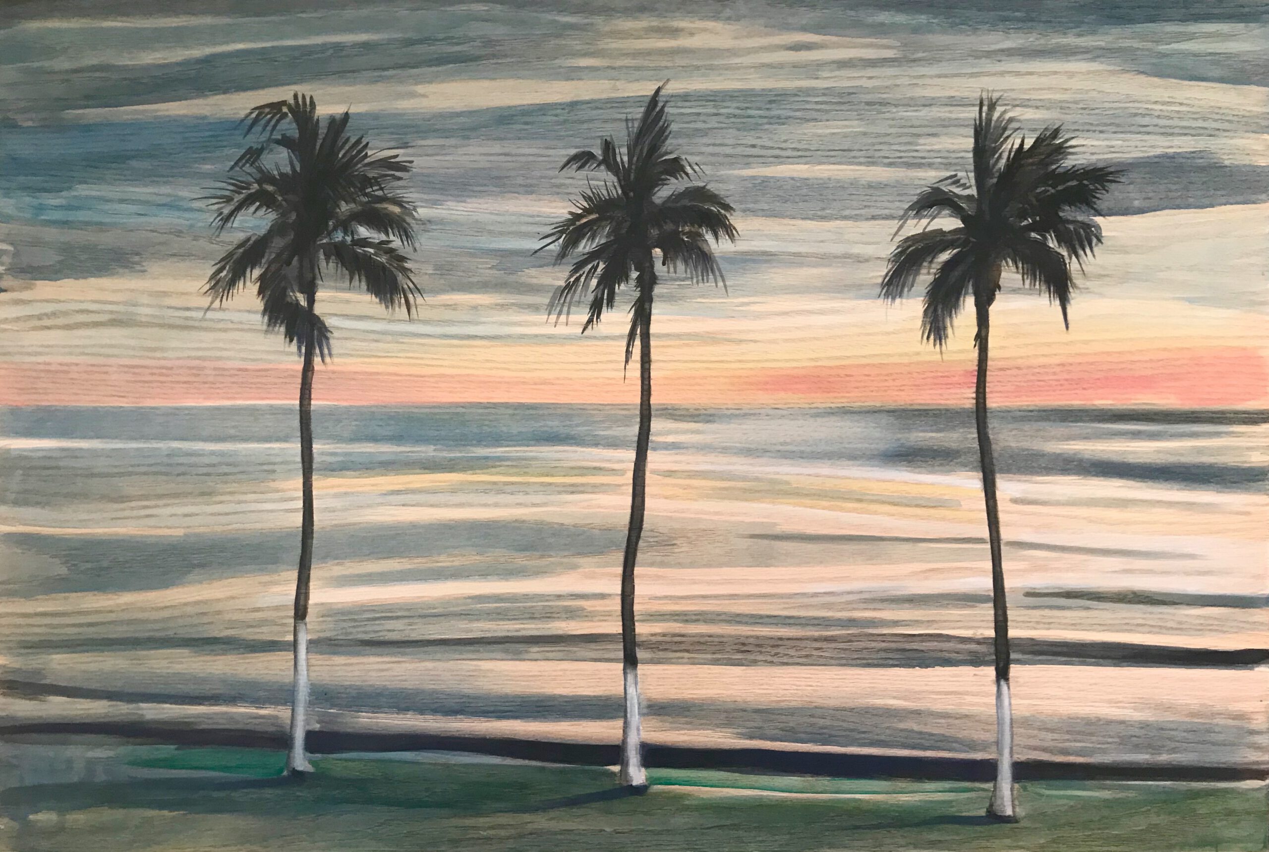 Painting by Rosanna Marmont — Three Palms, 2020, oil and watercolor on ash