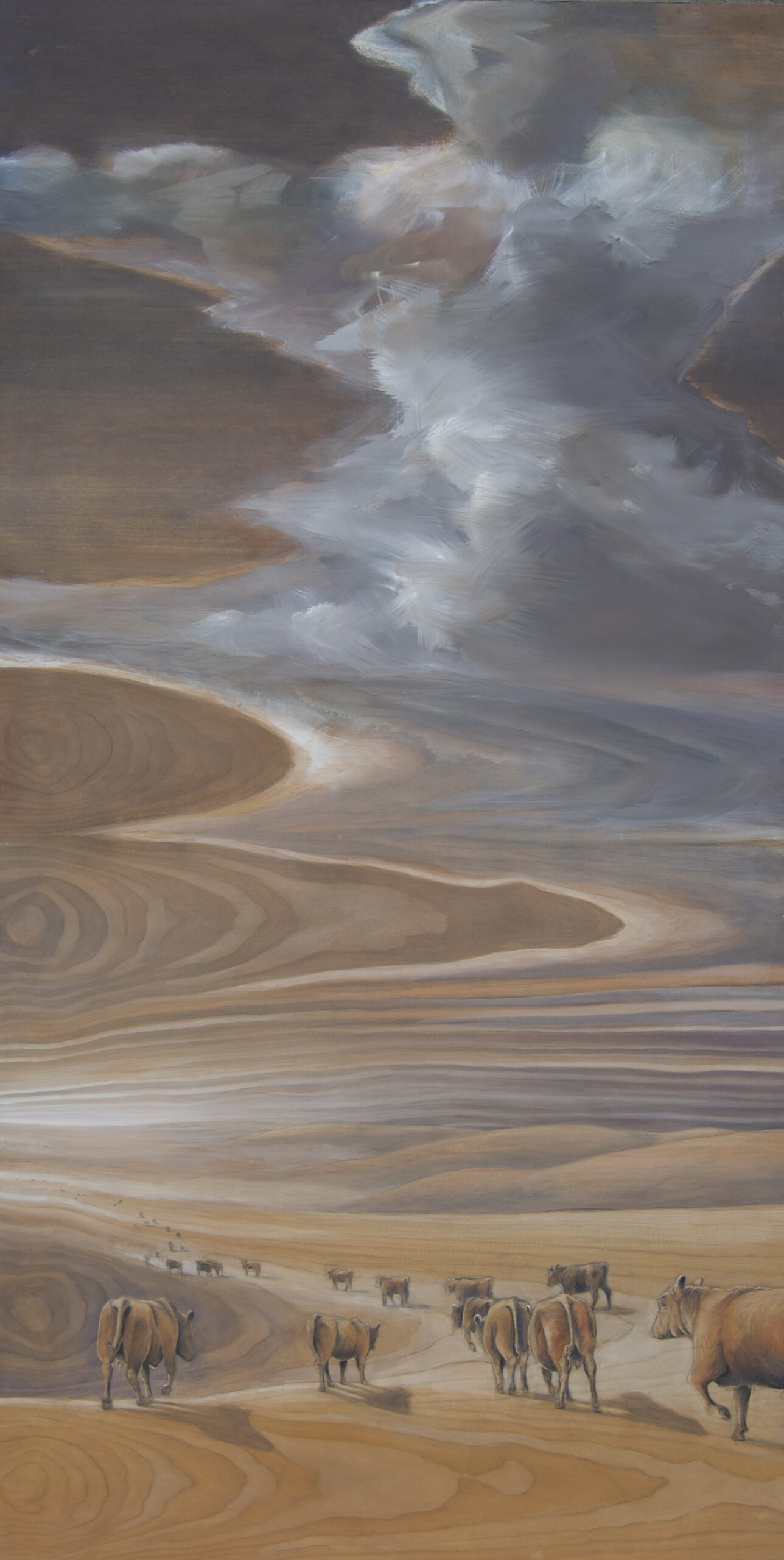 Painting by Rosanna Marmont — To Pasture, 2013, oil and wood stain on walnut