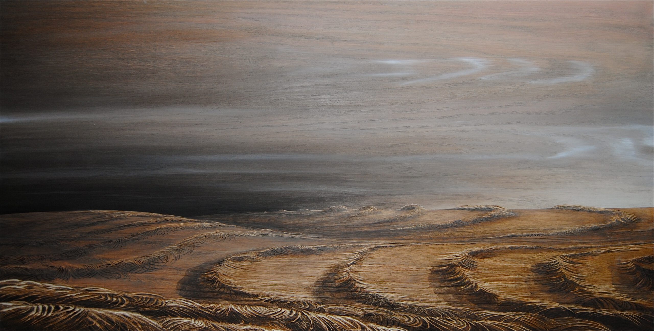 Painting by Rosanna Marmont — Windrows, 2011, oil and wood stain on oak